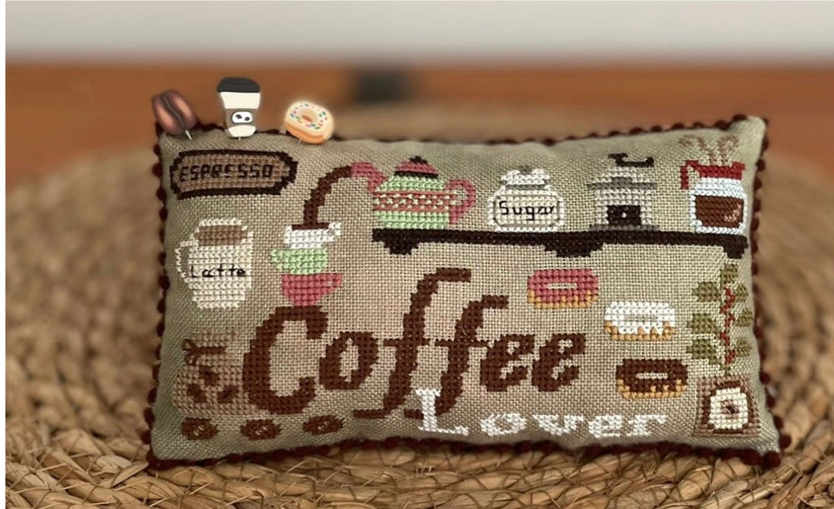 Coffee Lover pillow - Mani Di Donna - 2026 Needlework Marketplace PREORDER