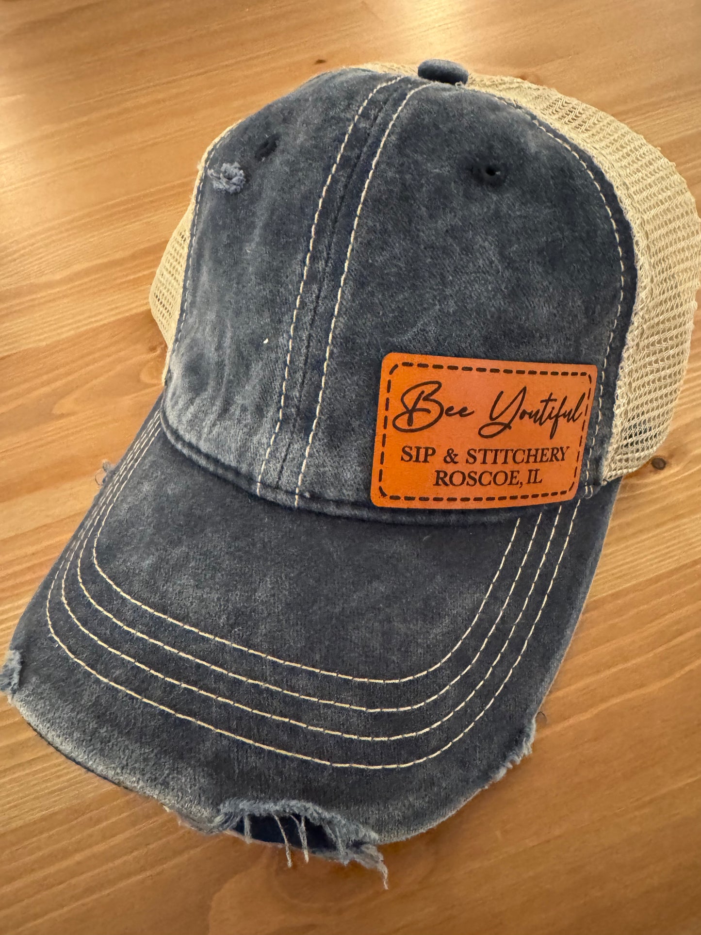 Bee Youtiful Sip and Stitchery Hat - Navy Blue Hat with Tan Back