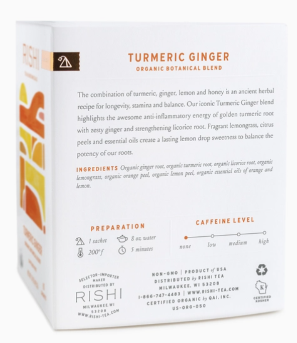 Tumeric Ginger Organic Herbal Tea Sachets - Rishi Tea & Botanicals