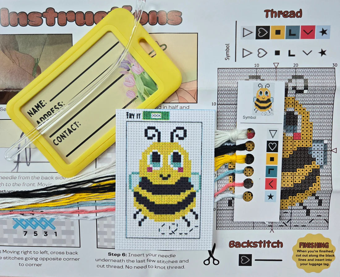 Bernard the Bumblebee Cross Stitch Luggage Tag Kit - Jumpseat Therapy