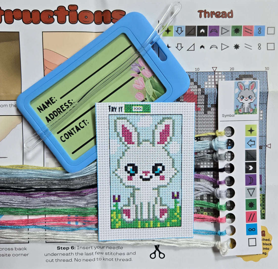 Roscoe the Rabbit Cross Stitch Luggage Tag Kit - Jumpseat Therapy