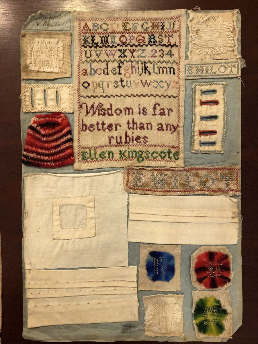 Ellen Kingscote English Specimen Pages Two Cross Stitch Samplers, Wisdom and Honour, circa 1840 - Cross Stitch Antiques - 2026 Needlework Marketplace PREORDER