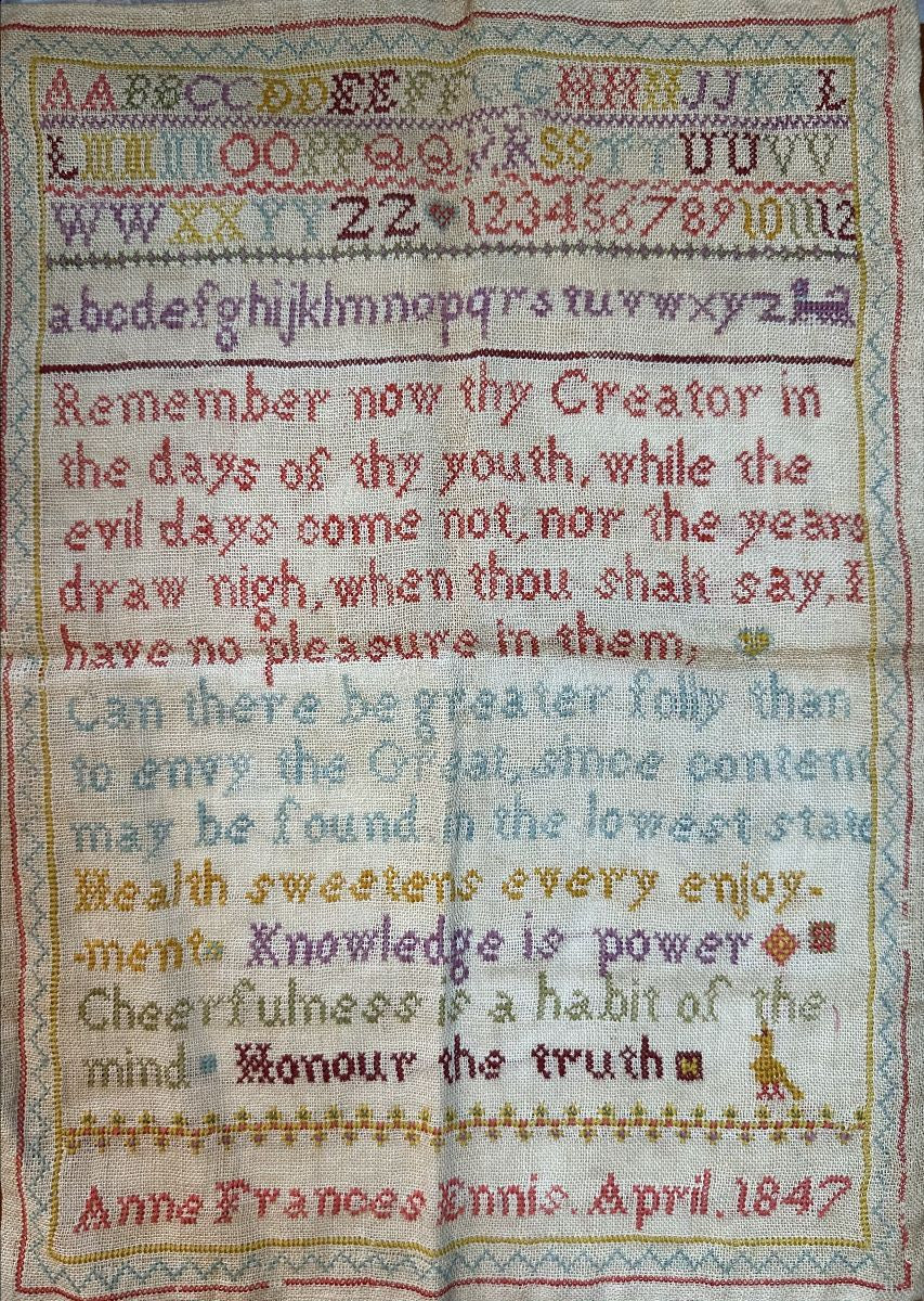 Anne Frances Ennis 1847 Words To Live By, An Irish Antique Reproduction Sampler - Cross Stitch Antiques - 2026 Needlework Marketplace PREORDER