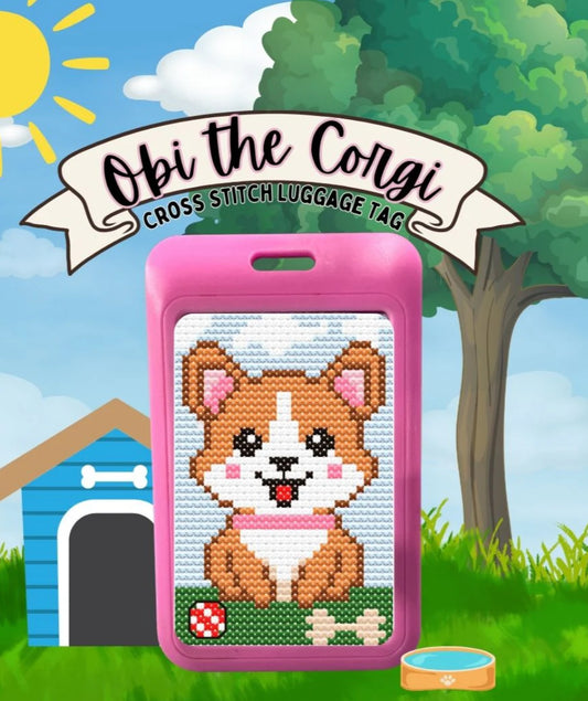 Obi the Corgi - Pink Tag - Cross Stitch Luggage Tag Kit - Jumpseat Therapy