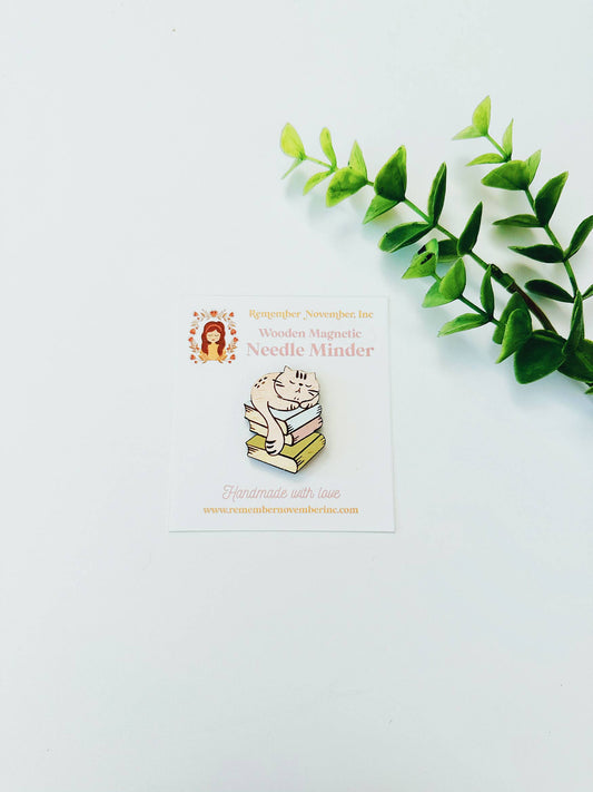 Cat Book Wooden Needle Minder
