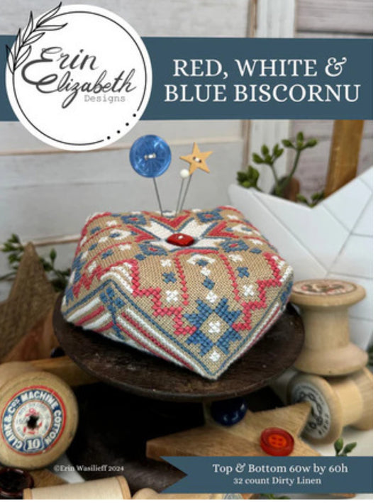 Red, White and Blue Biscornu - Erin Elizabeth Designs