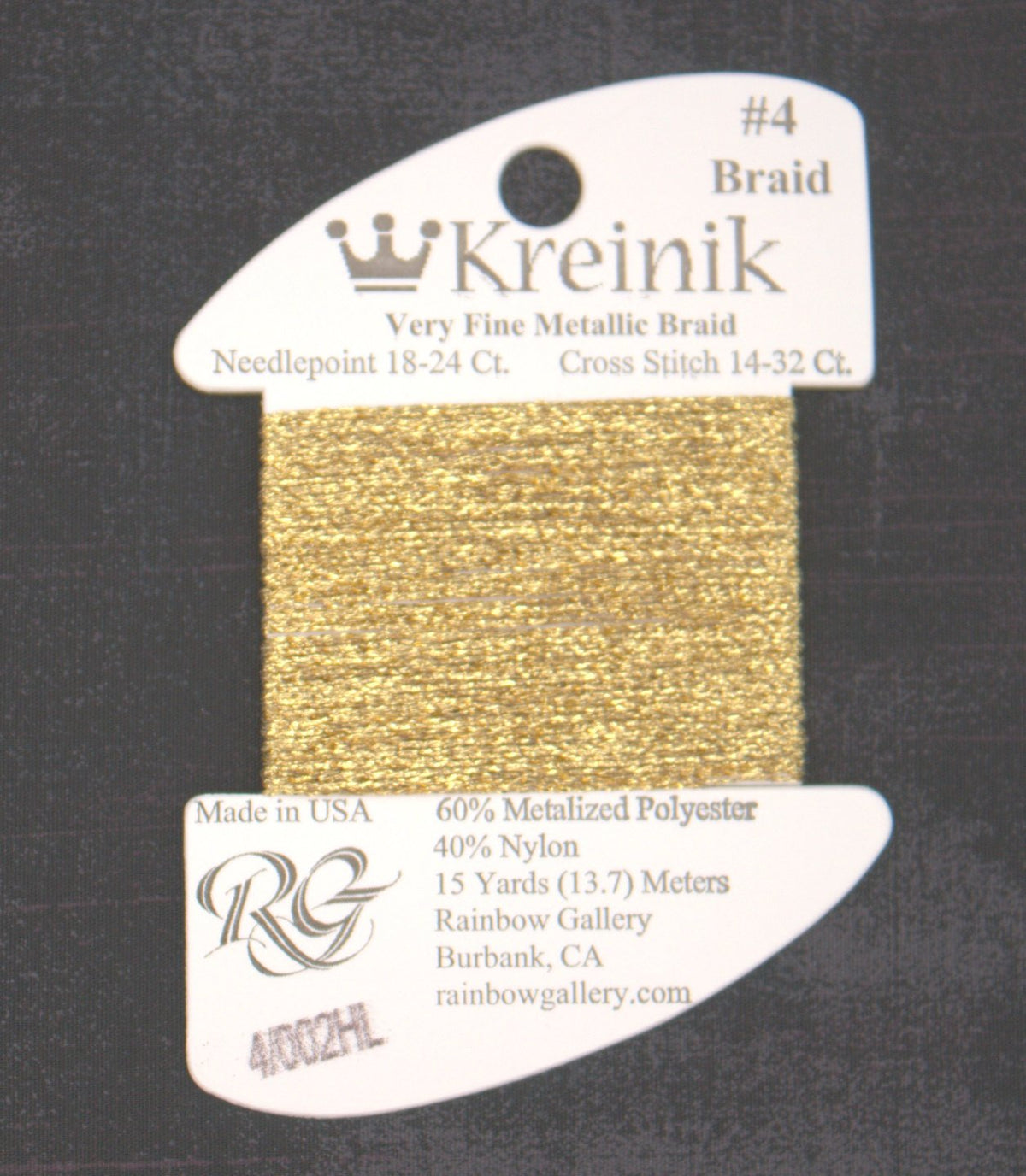 Gold (4/002HL) - #4 Very Fine Metallic Braid - Kreinik