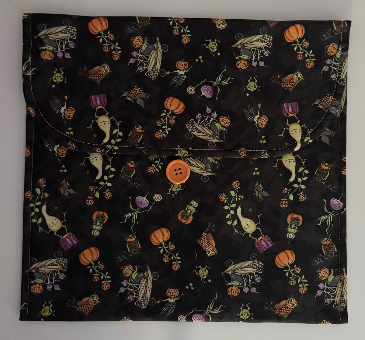 Teresa Kogut Ghoul Friends Scattered Pumpkins on Black Background Fabric Envelope Style Project Bag