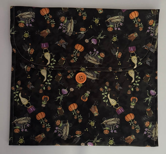 Teresa Kogut Ghoul Friends Scattered Pumpkins on Black Background Fabric Envelope Style Project Bag