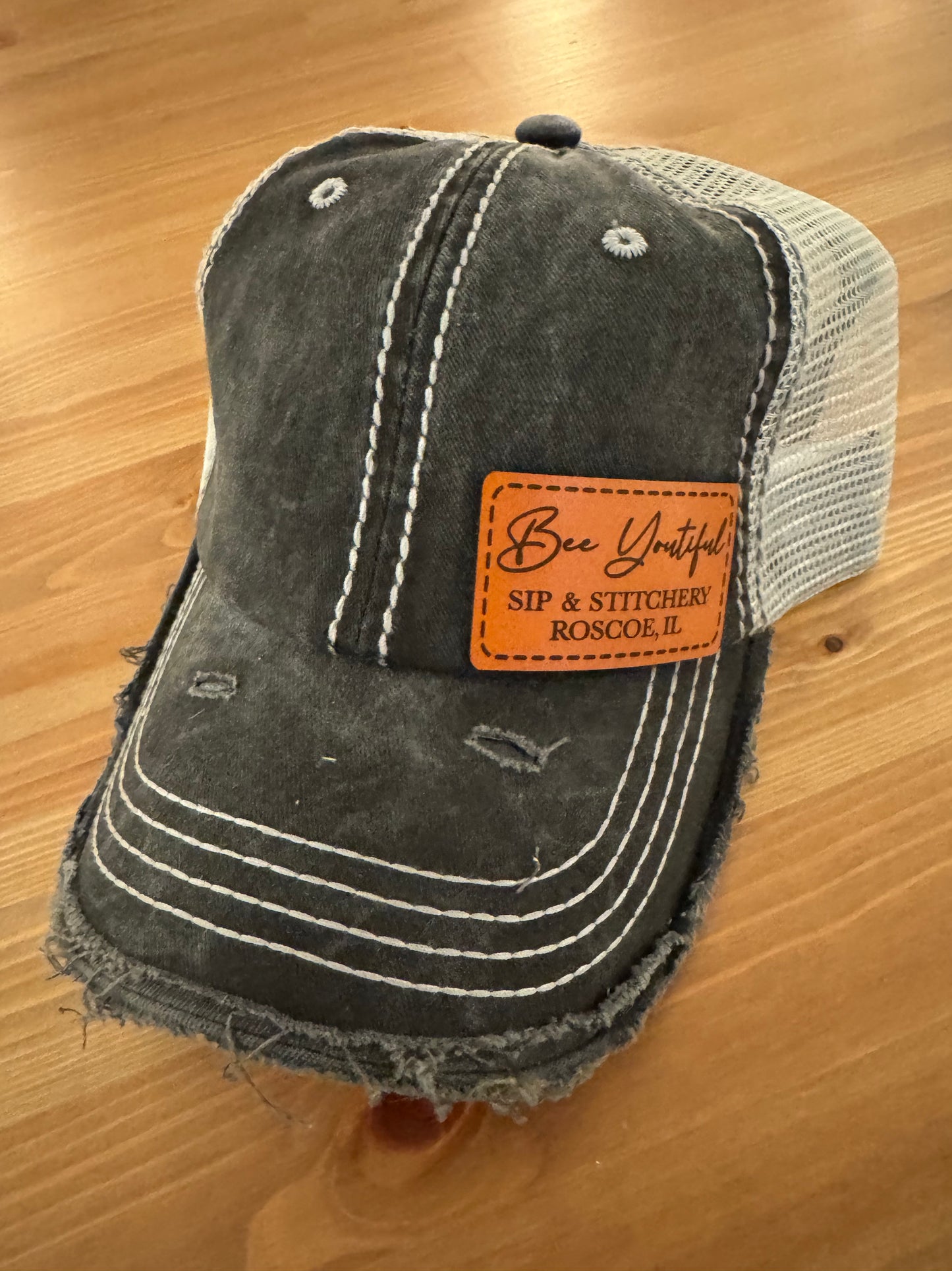 Bee Youtiful Sip and Stitchery Hat - Black Hat with Gray Back