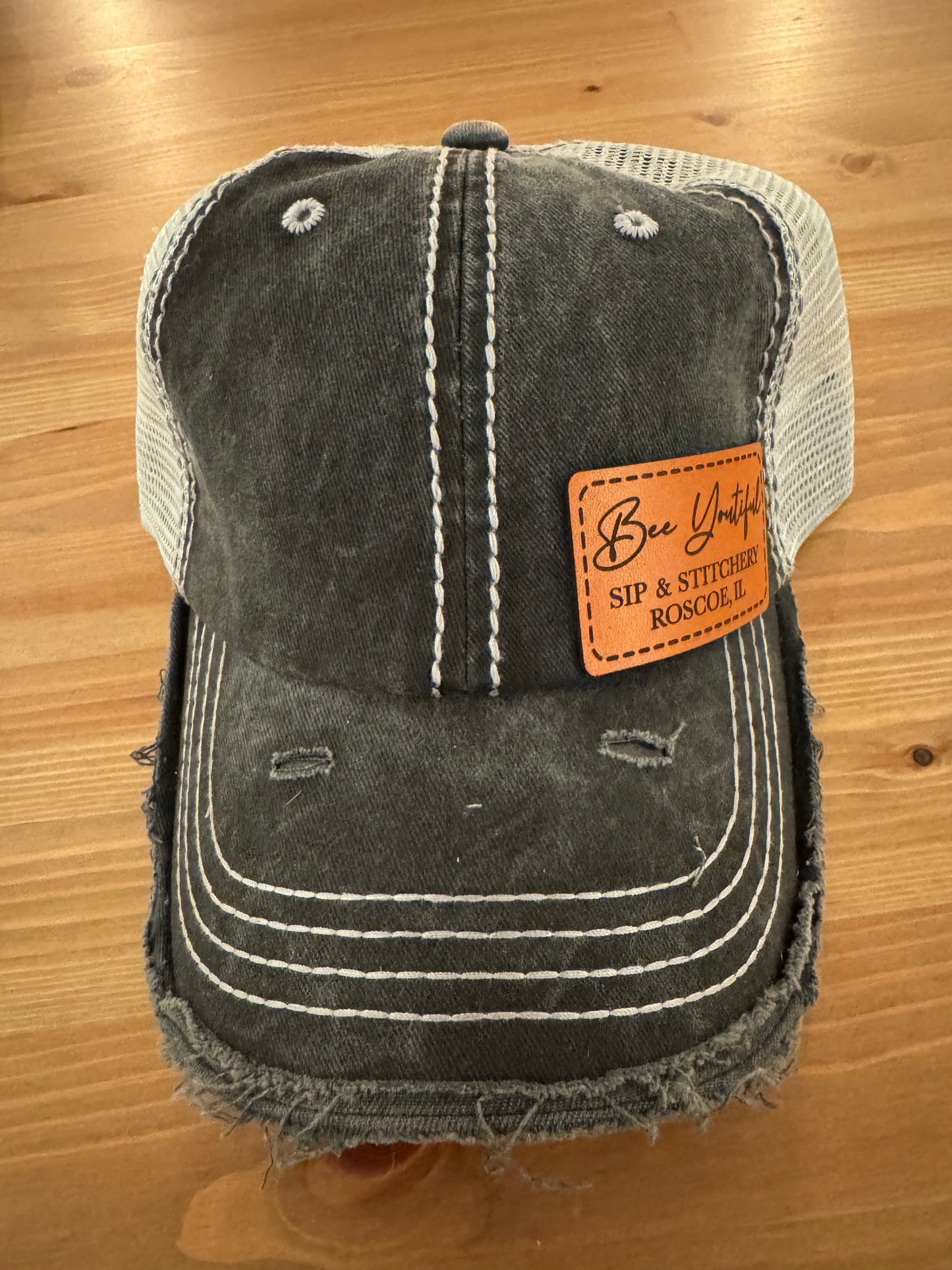 Bee Youtiful Sip and Stitchery Hat - Black Hat with Gray Back