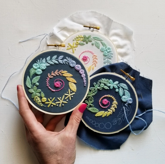 Spiral Sampler Beginner - Navy Fabric - Embroidery Kit - Jessica Long Embroidery
