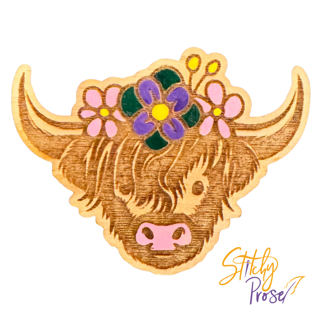 Wooden Highland Coo Needleminder - Stitchy Prose