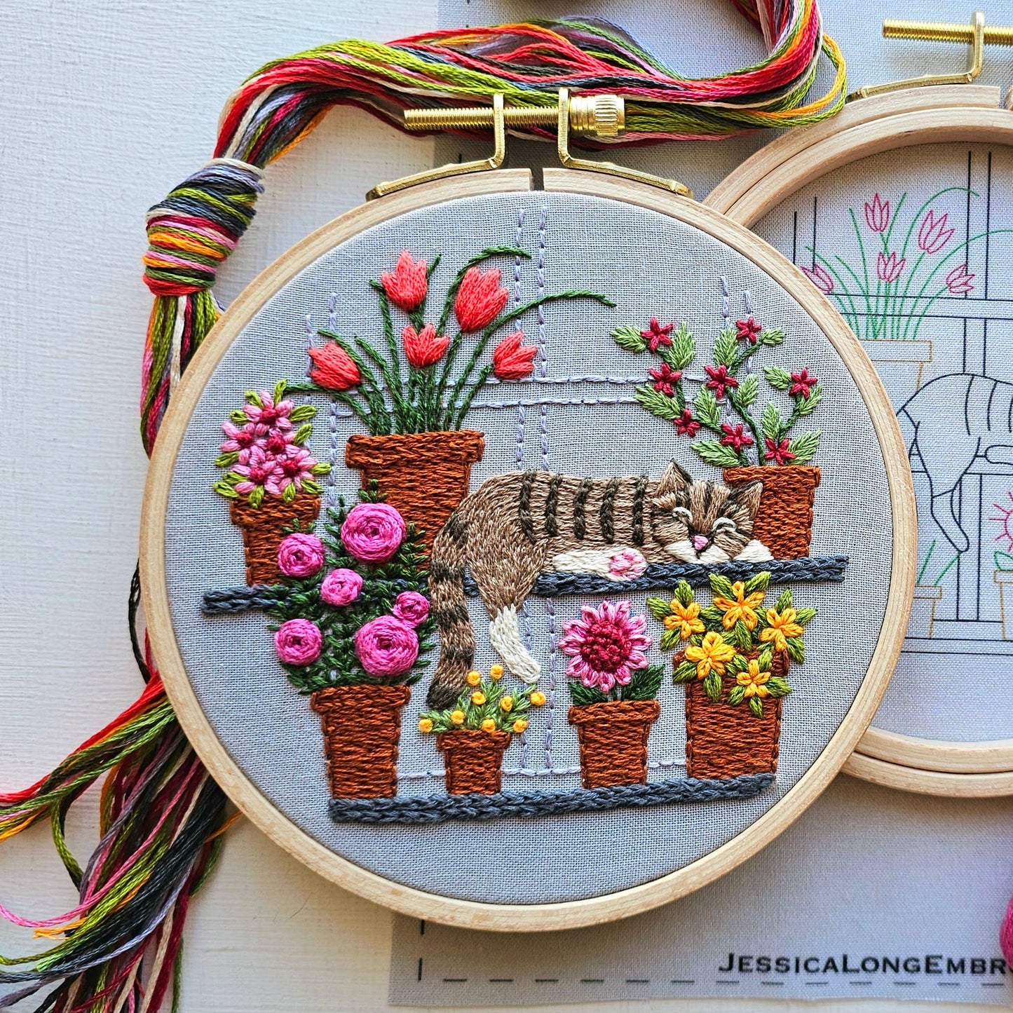 Catnap with Flowers Embroidery Kit - Jessica Long Embroidery