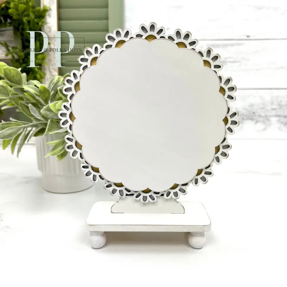 Unfinished Wood Round (Daisy Lace) Pedestal Frame Cross Stitch Display from Paisley's and Polka Dots