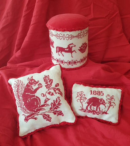 Ada Violet Pincushions and Drum Based on a Bristol Sampler - Crowsfeetstitching