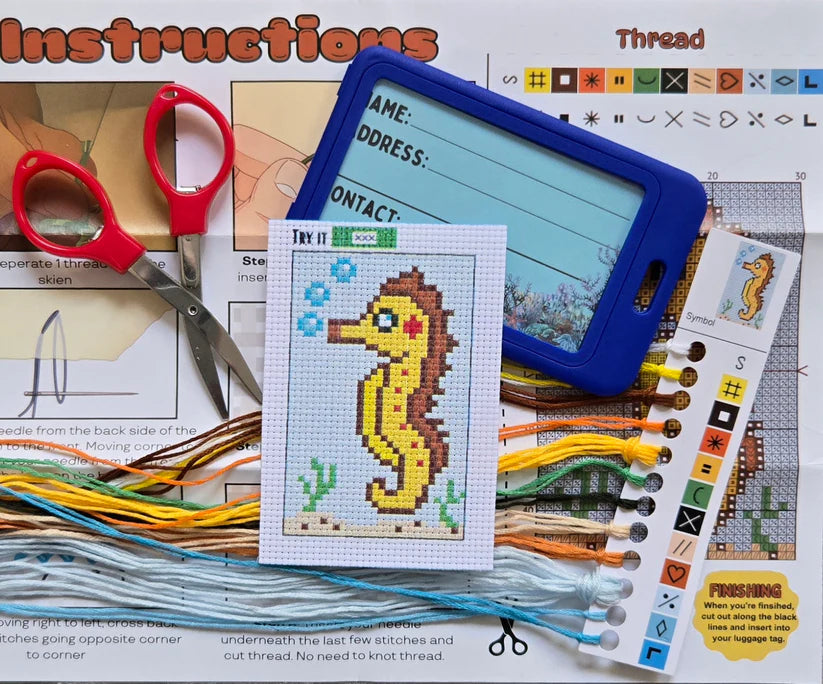 Sawyer the Seahorse Cross Stitch Luggage Tag Kit - Jumpseat Therapy