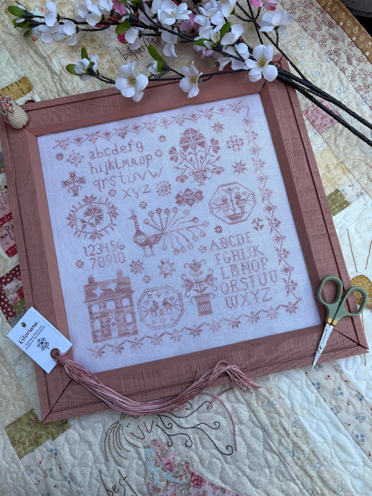 Pink Peacock Sampler - Pansy Patch Quilts and Stitchery