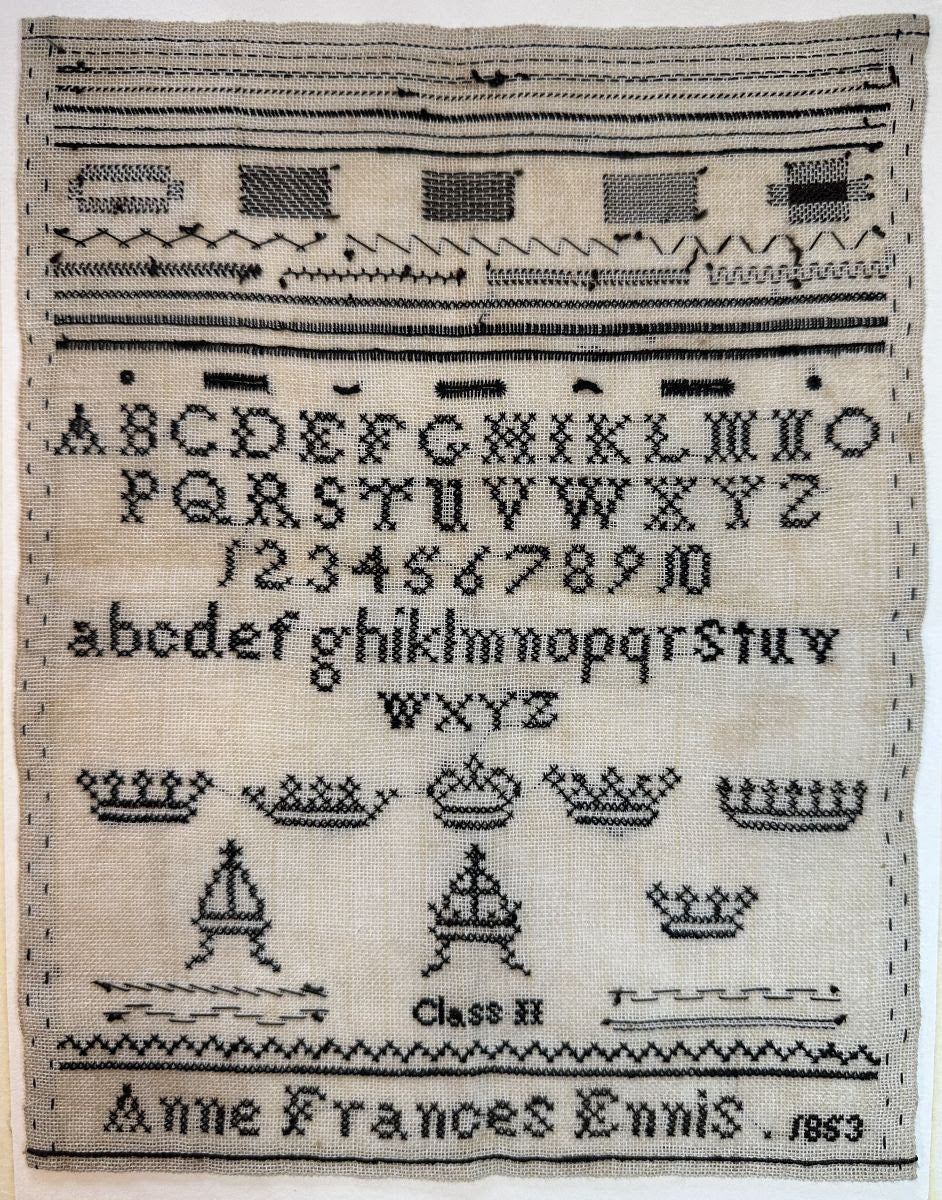 Anne Frances Ennis 1853 Black Crowns Specimen Page, An Irish Antique Sampler Reproduction - Cross Stitch Antiques - 2026 Needlework Marketplace PREORDER