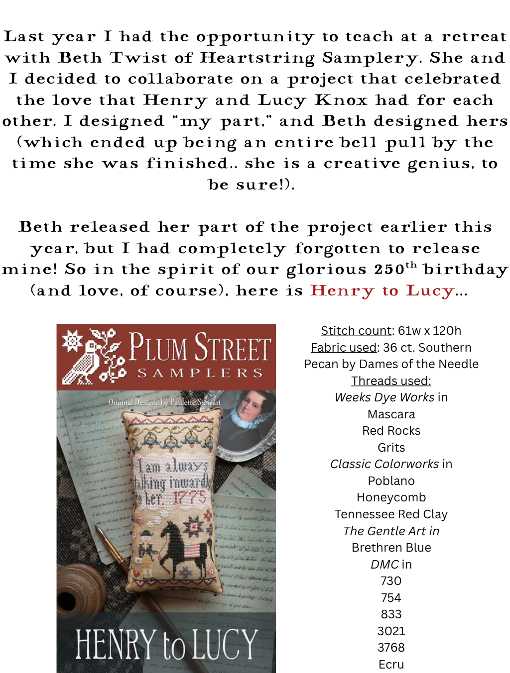 Henry to Lucy - Plum Street Samplers